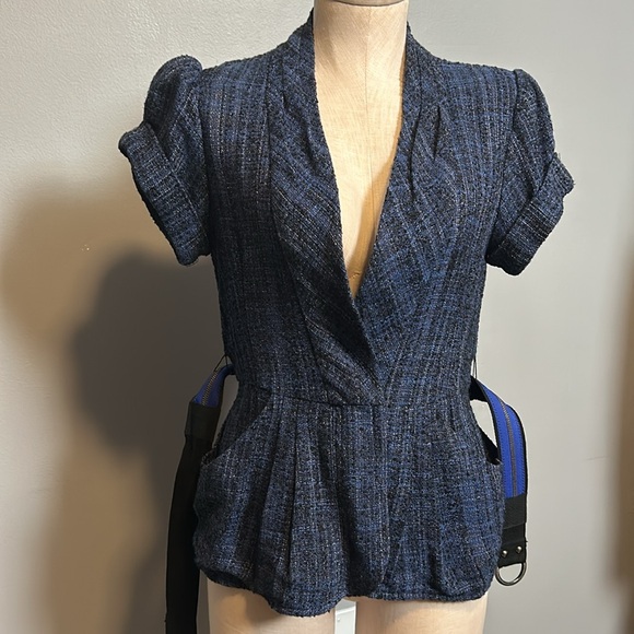 Nanette Lepore Blue Tweed Belted Asymmetrical Blazer size 4 - Picture 10 of 16